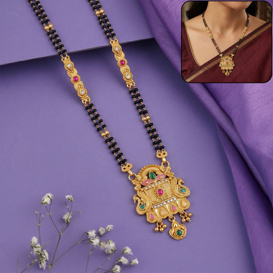 Rajwadi Temple Gate Pendant with Pink Leaf & Emerald Drops Long Double Strand Mangalsutra