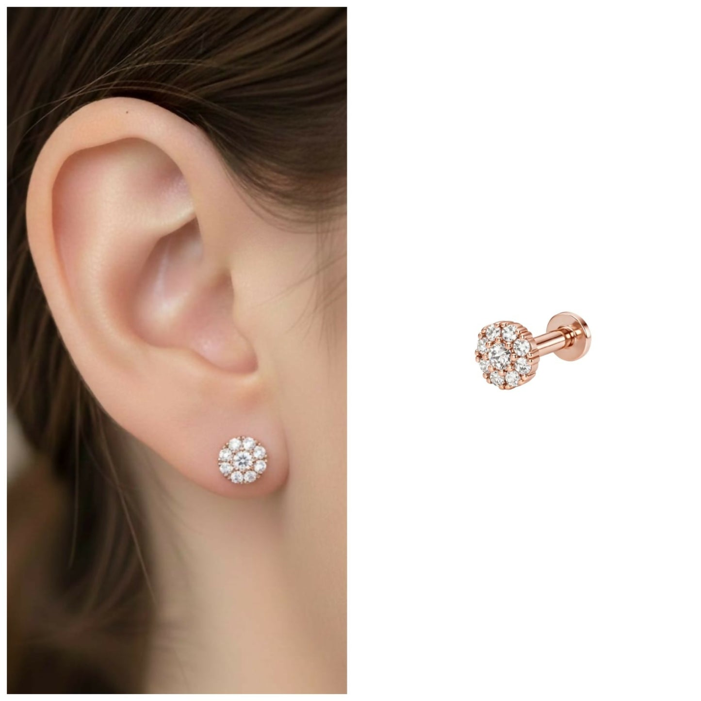 Side angle of rose gold AD cluster flat back stud earring illustrating comfortable flat back post