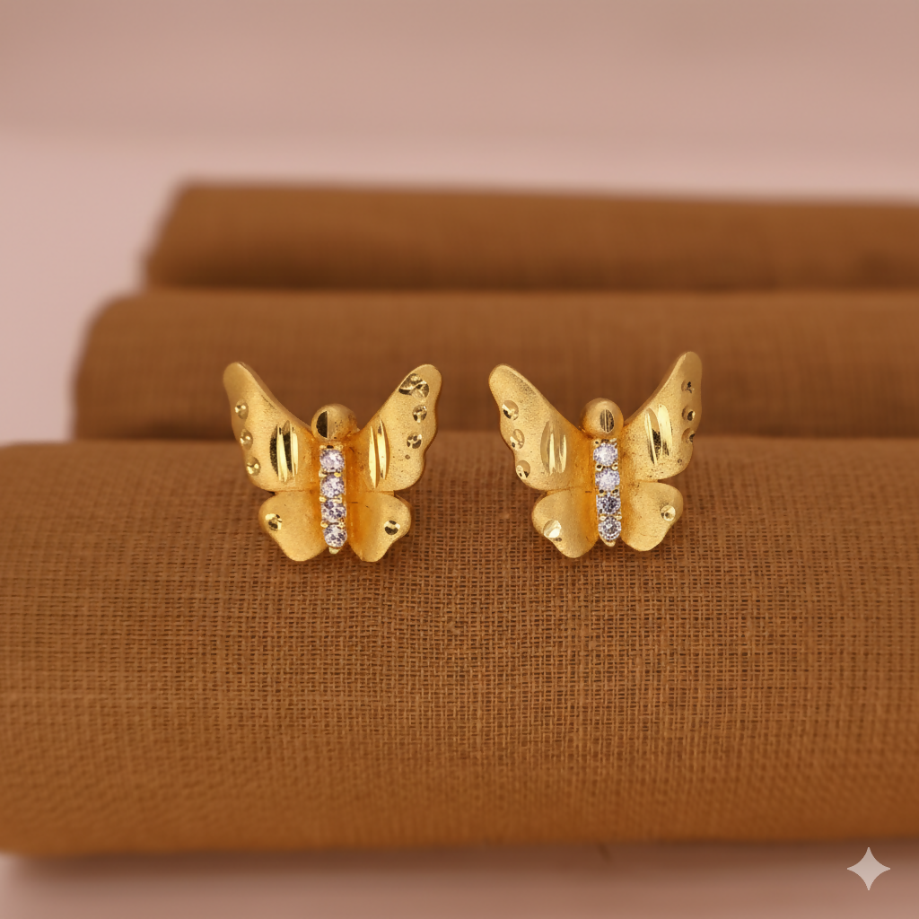 Gold-plated butterfly stud earrings featuring intricate wing details and sparkling crystals