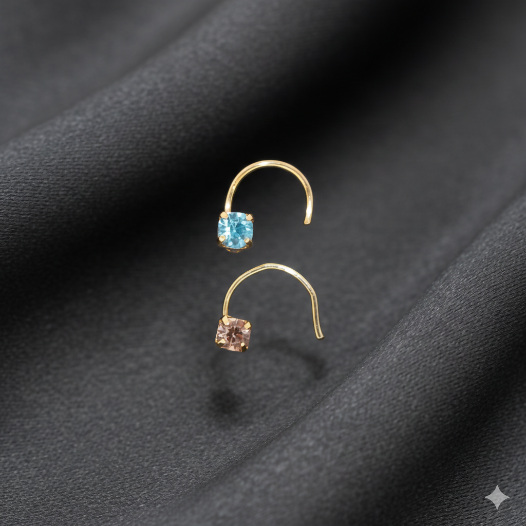 Gold plated crystal nose pin set with pink and clear stones in four-prong setting