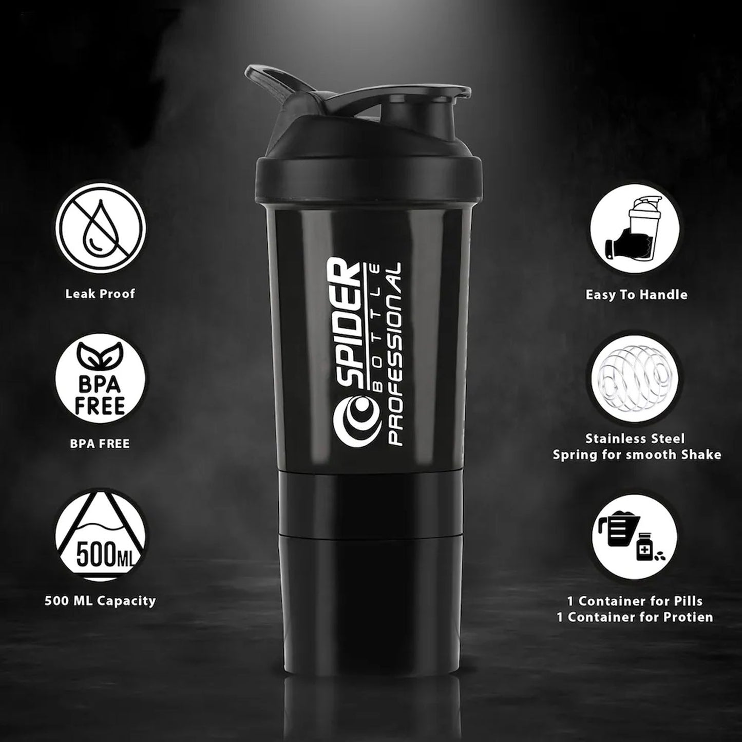 Gym protein shaker bottle angled view