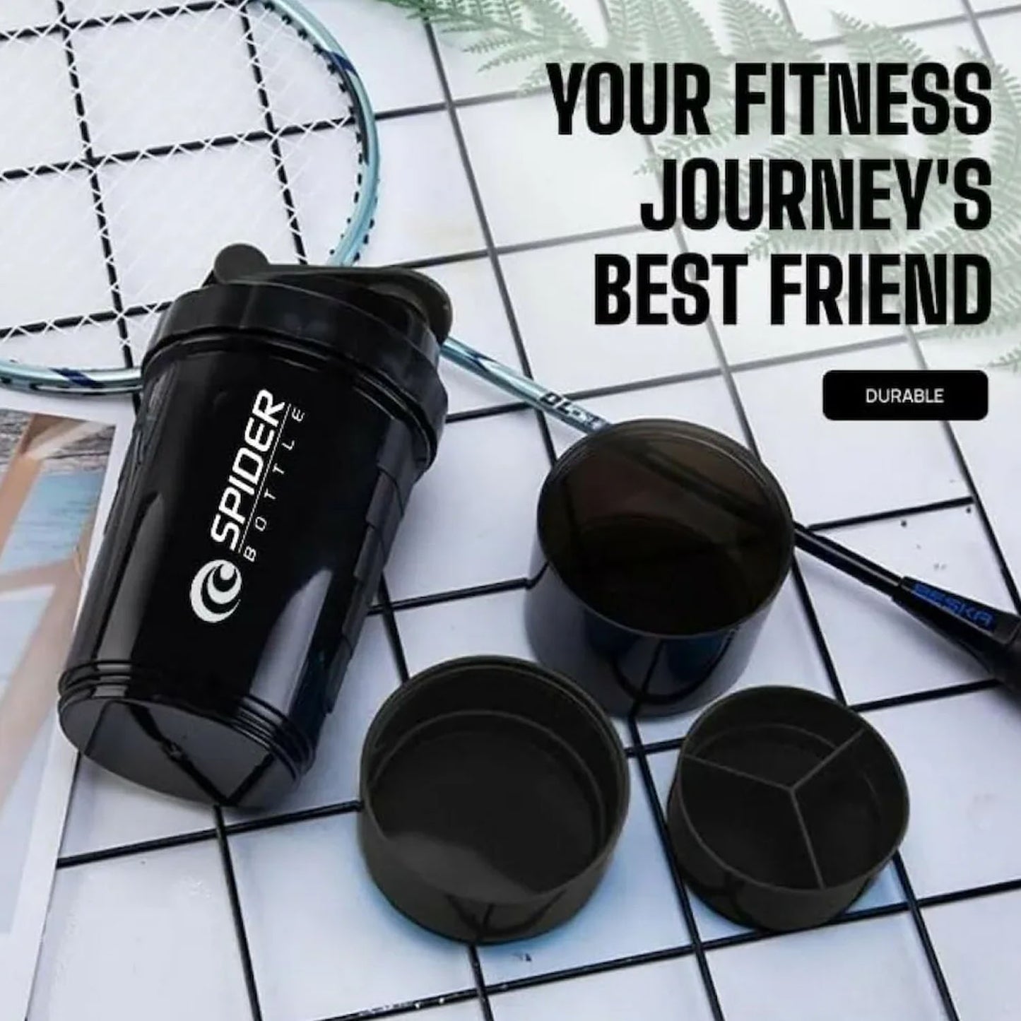 Protein shaker bottle with flip lid open
