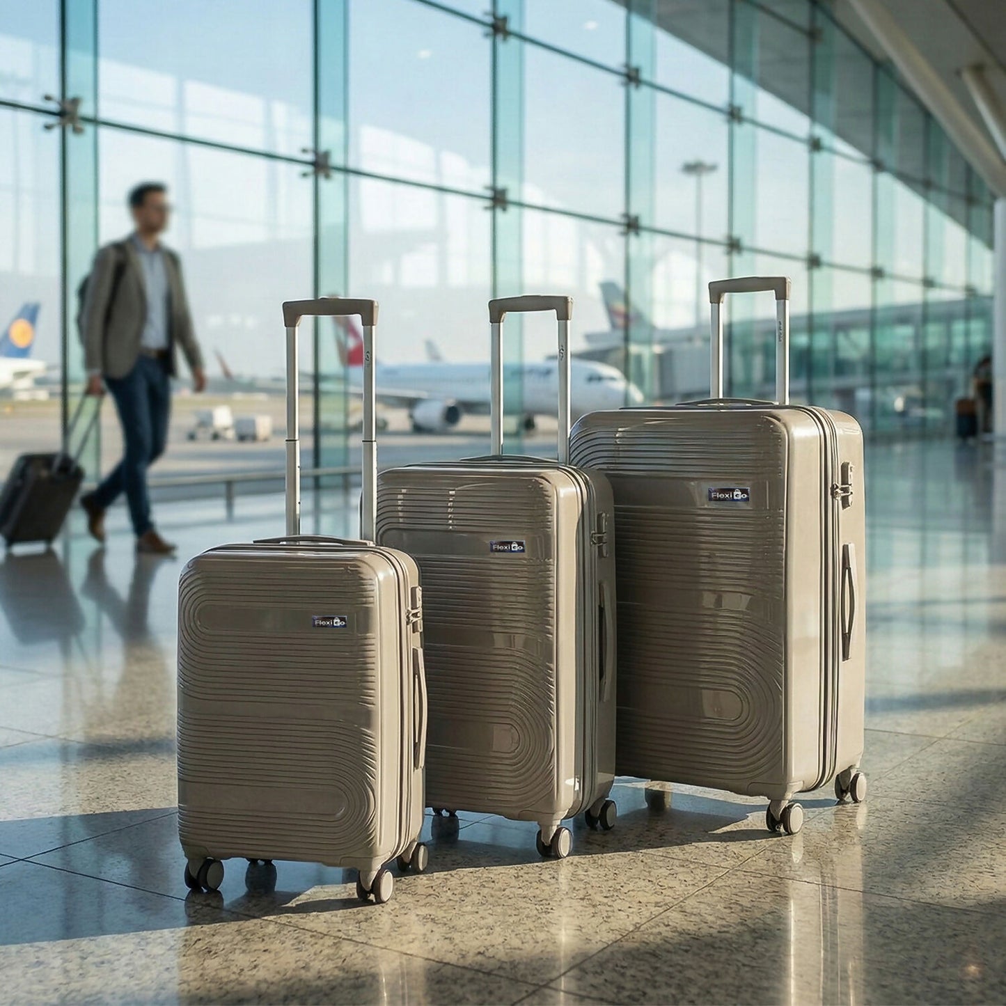 Beige Gold Hard Shell Cabin Trolley Suitcase with Telescopic Handle & 8 Wheels