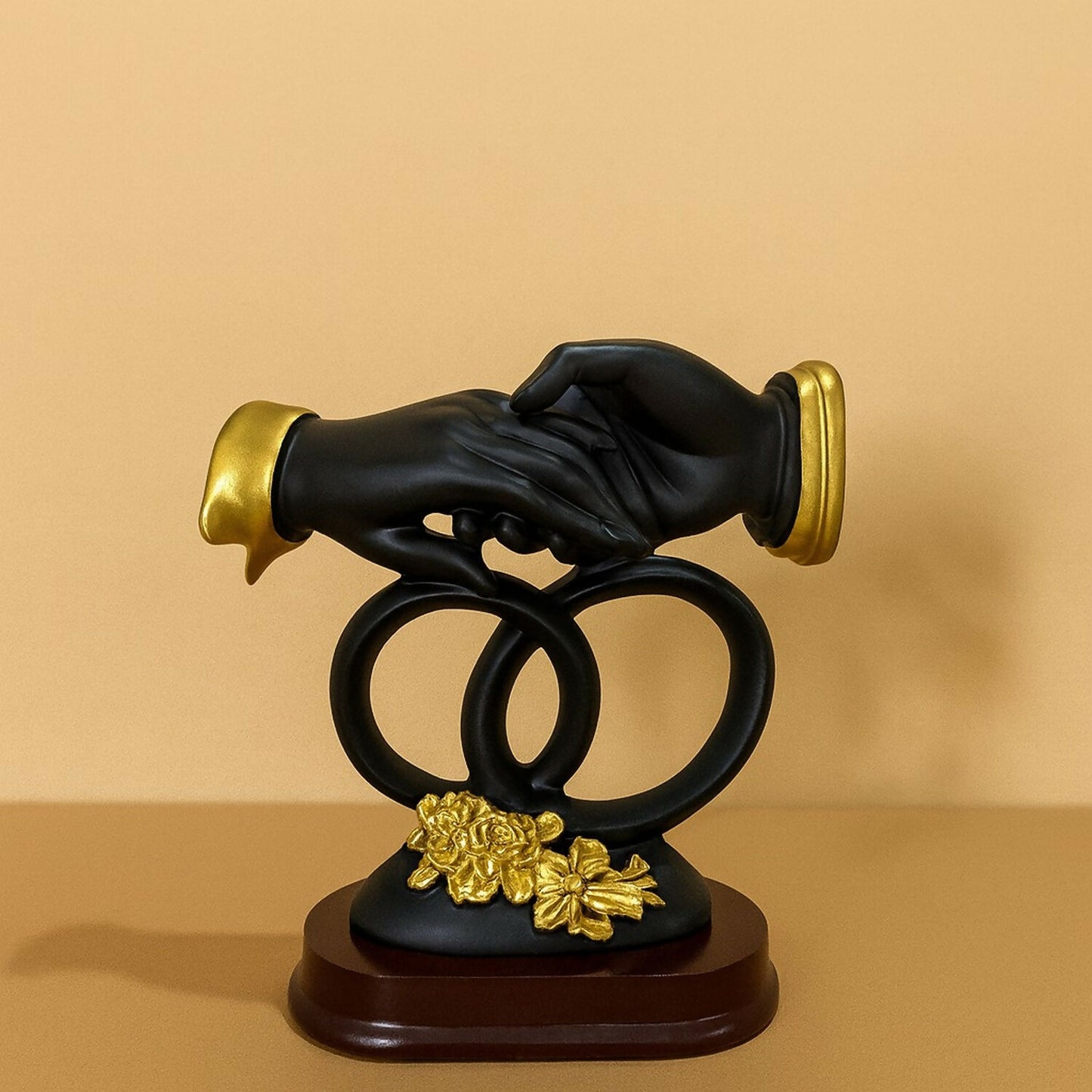 Luxury Black & Gold Handshake Figurine with Interlocked Rings & Floral Base | Romantic Couple Holding Hands Showpiece for Home Décor, Wedding Gift, Anniversary Gift, Office Desk & Living Room Decoration