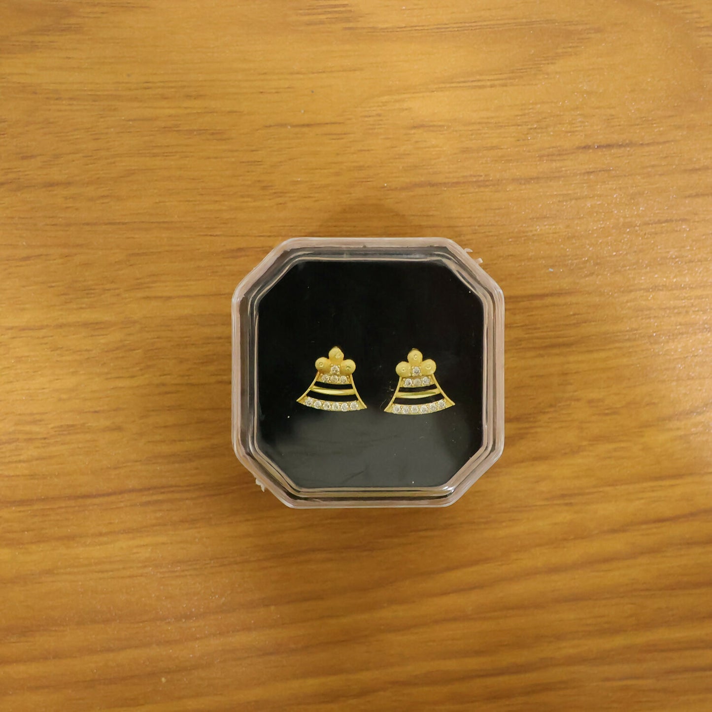 Square Floral Gold Stud Earrings with Crystal Leaf Design