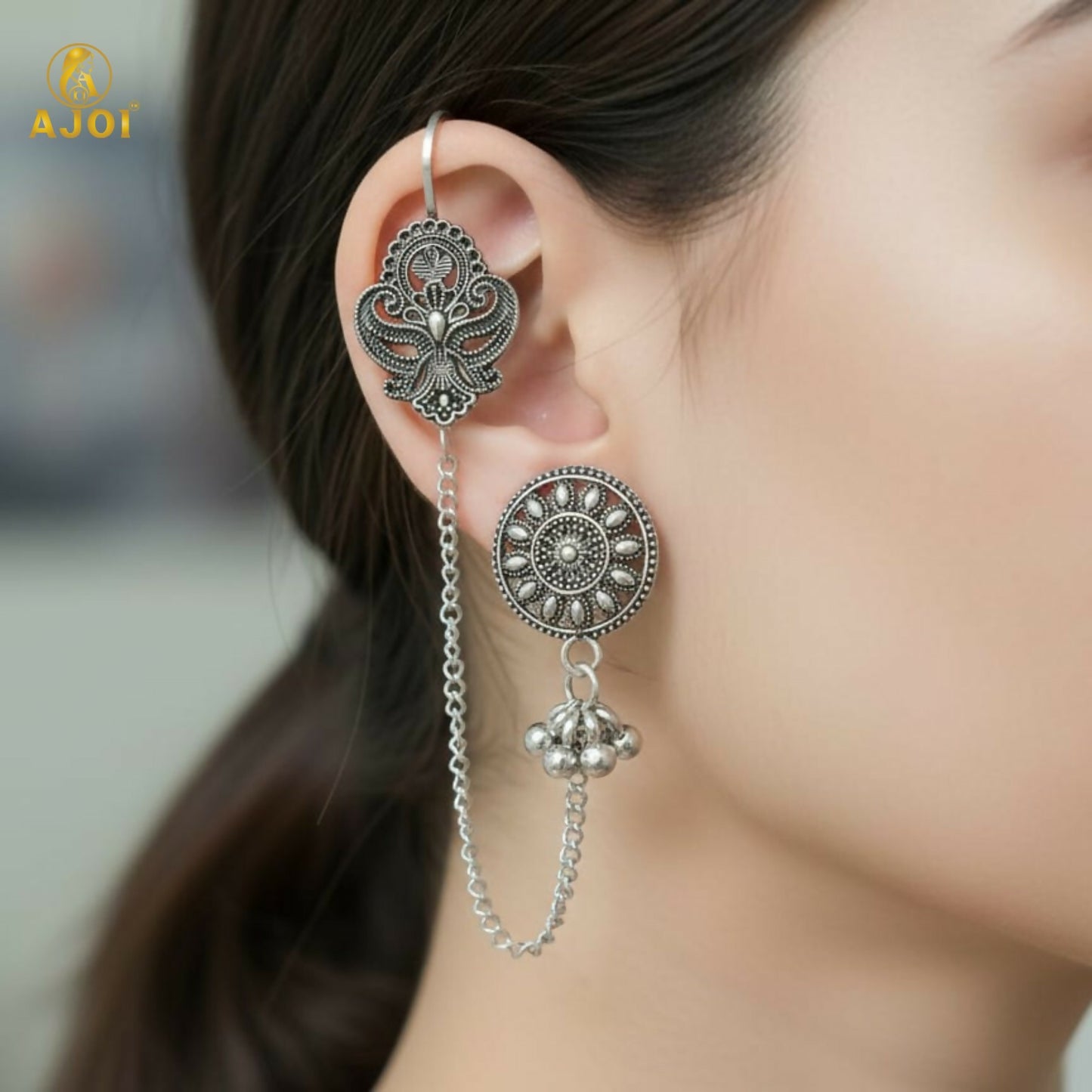 Close-up of Oxidized Silver Chain Drop Earrings showing ghungroo beads