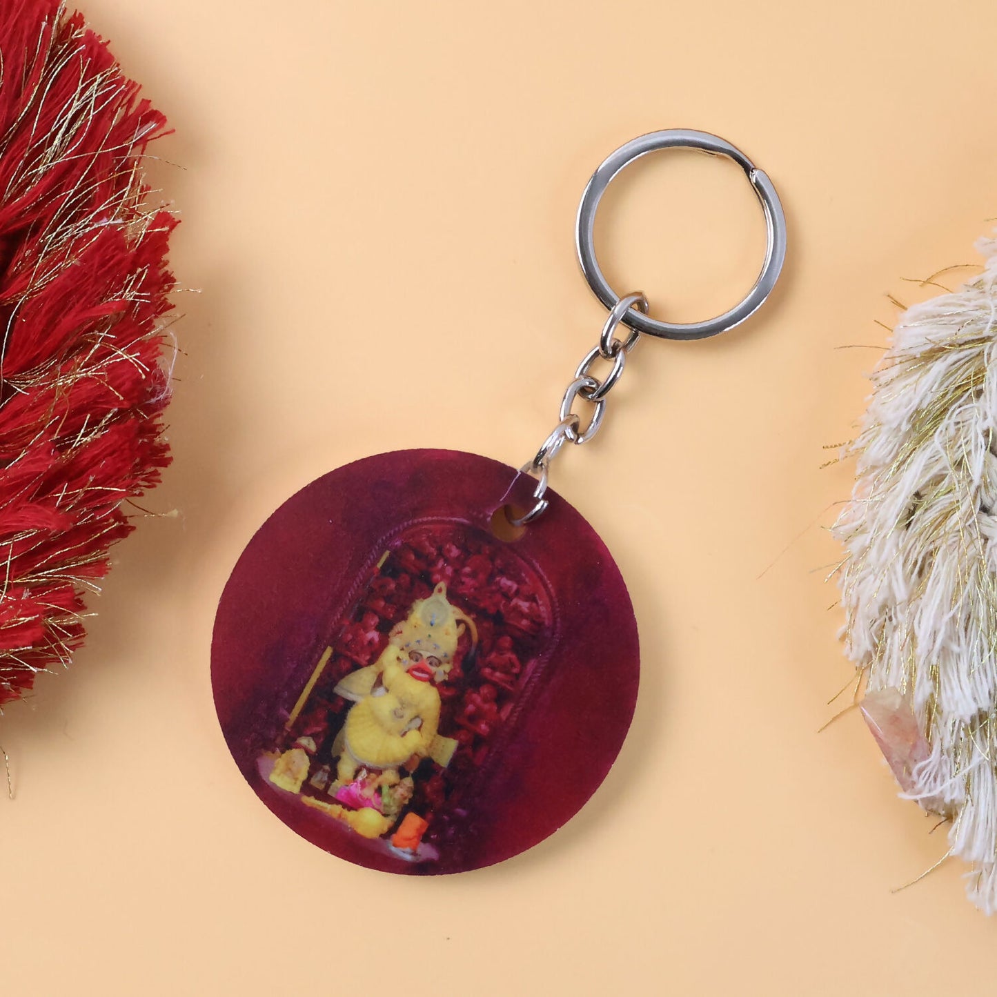 Devotional Hanuman Mandir Printed Round Keychain – Rich Maroon Finish & Durable Metal Ring