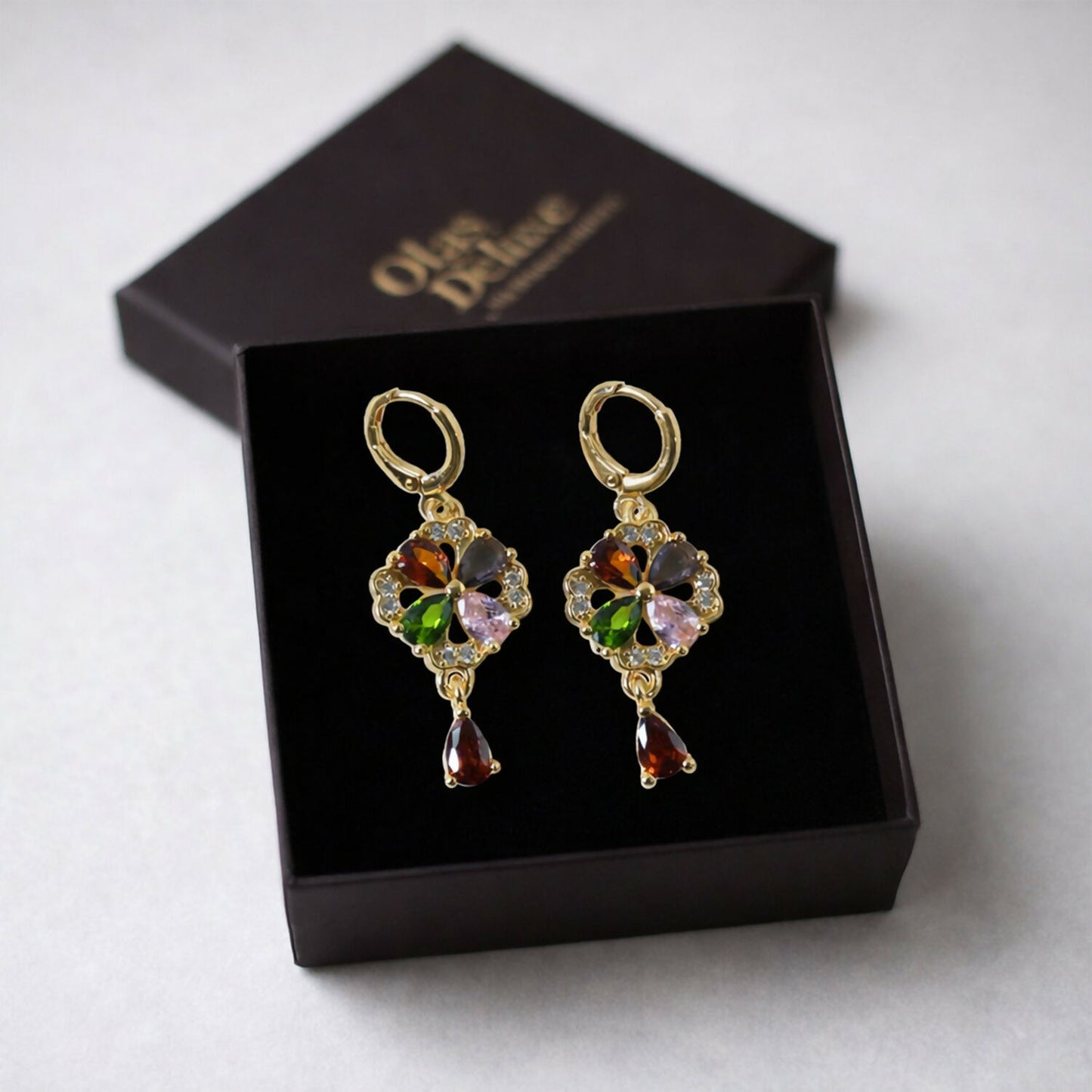 Gold-Tone Multicolor Crystal Floral Drop Hoop Earrings for Women
