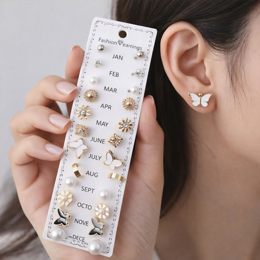Complete 12-month birthstone and fashion earring set on display card