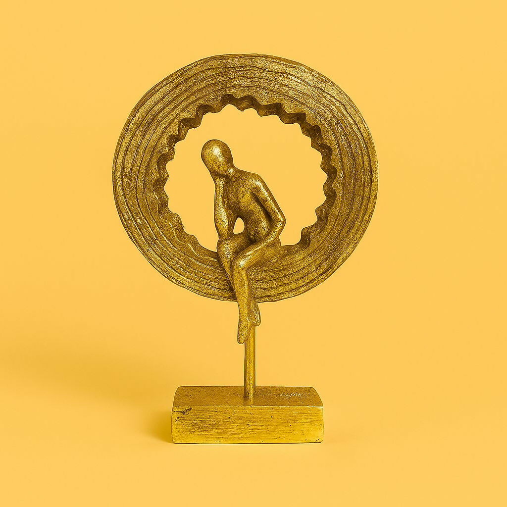 Decorative golden thinking man sculpture close up
