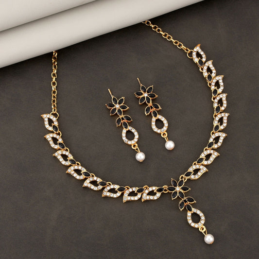 Elegant Black & White Crystal Flower Necklace Set with Pearl Drop
