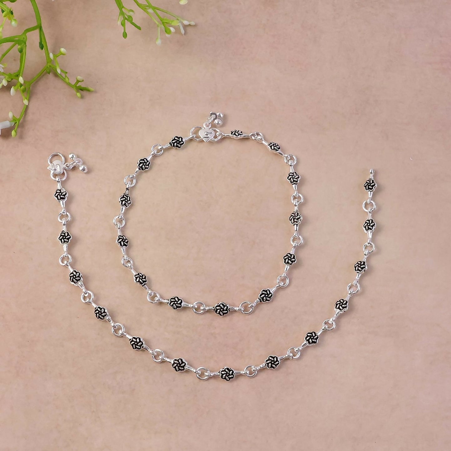 Silver Floral Link Anklet Pair with Classic Charm