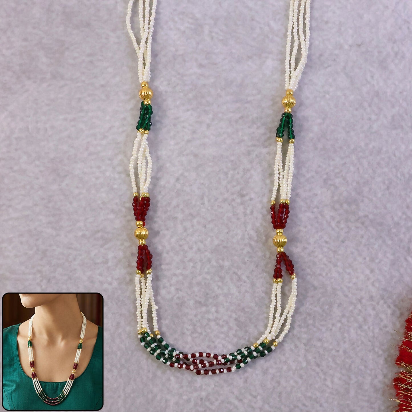 Handmade multi-strand pearl mala necklace with red and green bead accents