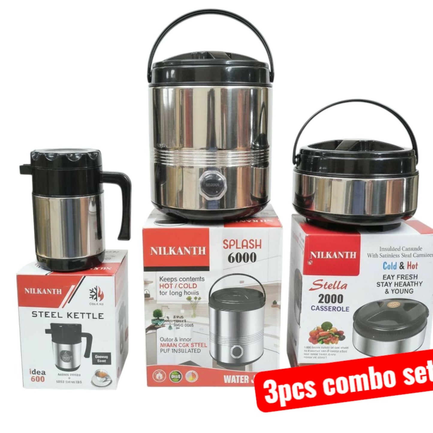 Nilkanth 3-Piece Stainless Steel Combo Set | Insulated Water Jug, Hot-Pot & Flask Set
