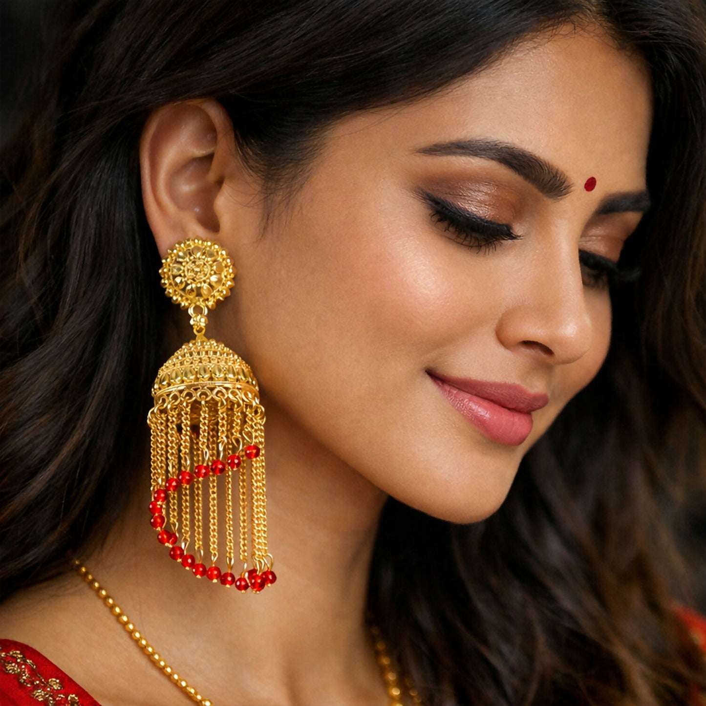 Traditional Gold Tone Tassel Jhumka Earrings Long Chain Drop Ethnic Earrings for Women