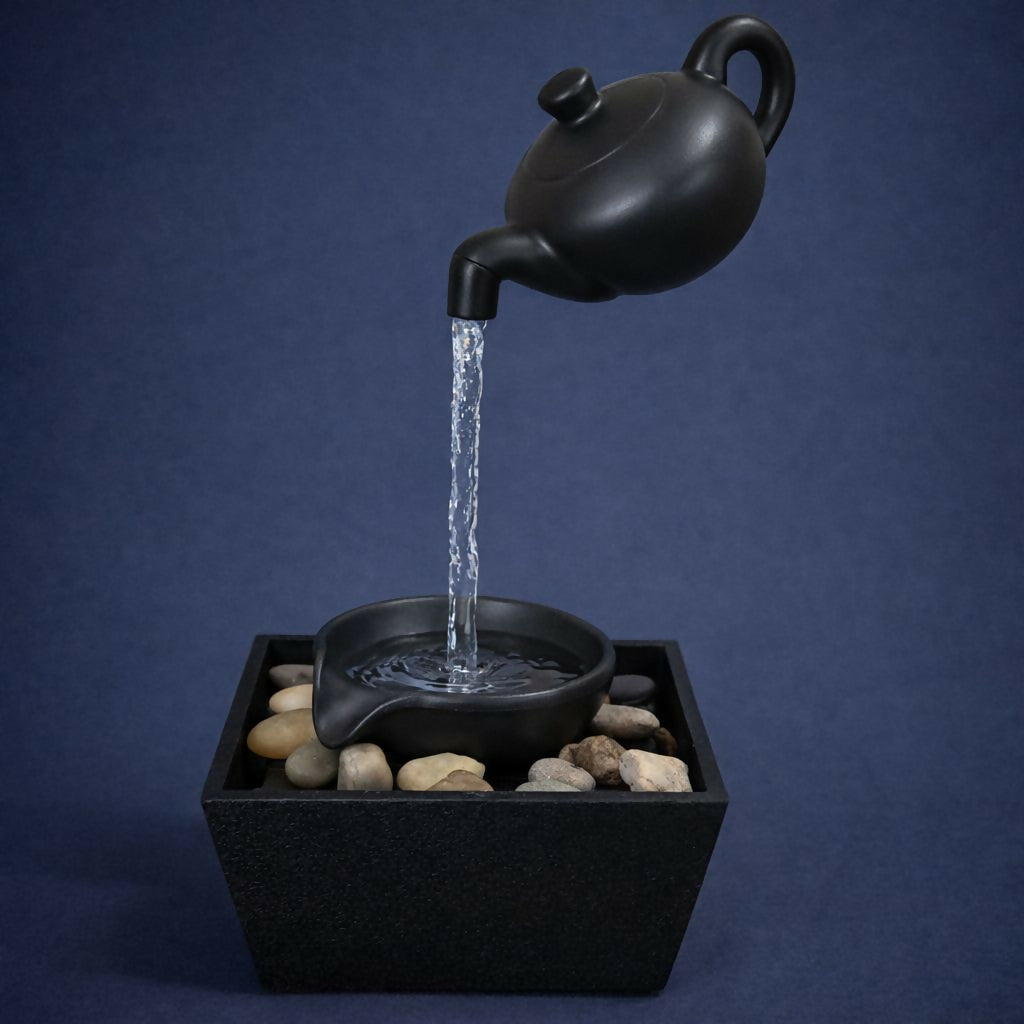 Zen Tabletop Water Fountain with Floating Teapot & Pebble Base