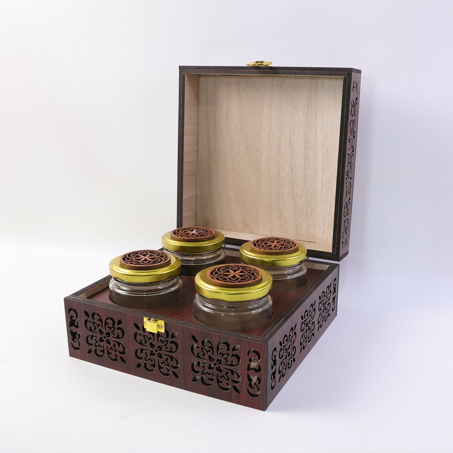 Top view of wooden gift chest showing the craftsmanship of the floral carvings on lid and sides