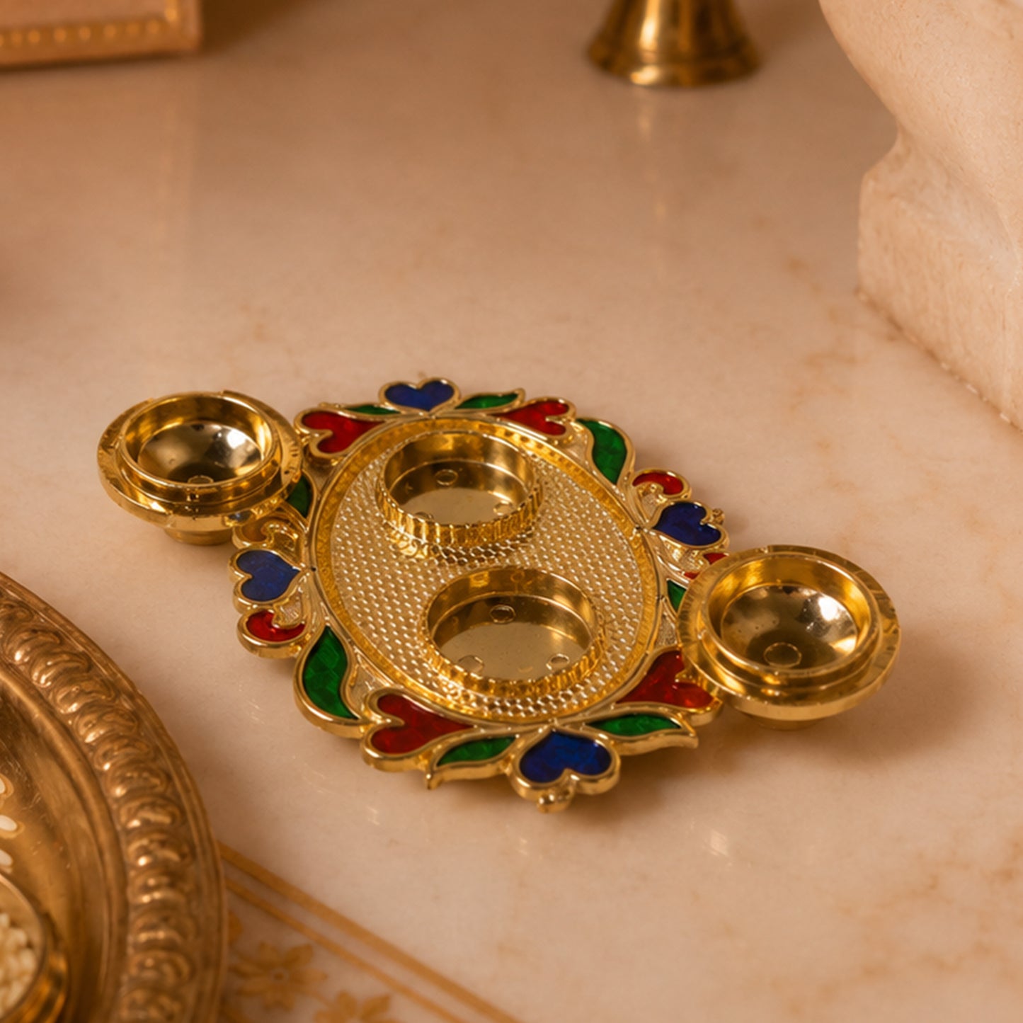 Decorative Kankavati Kumkum Holder, Golden Enamel Pooja Thali with Bowls (1 Pc)