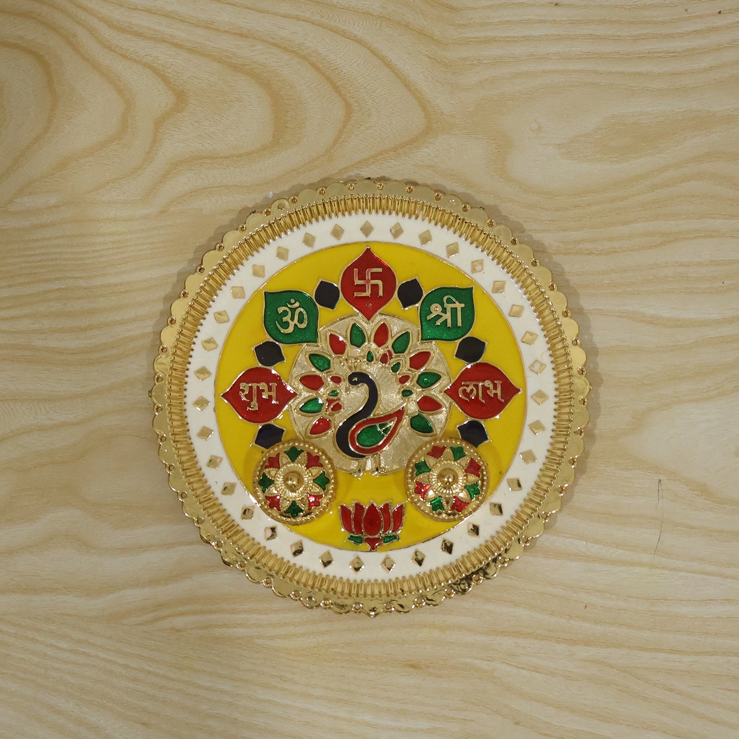 Big Decorative Pooja Thali, Golden Meenakari Puja Plate with Kumkum Bowls (1 Pc)