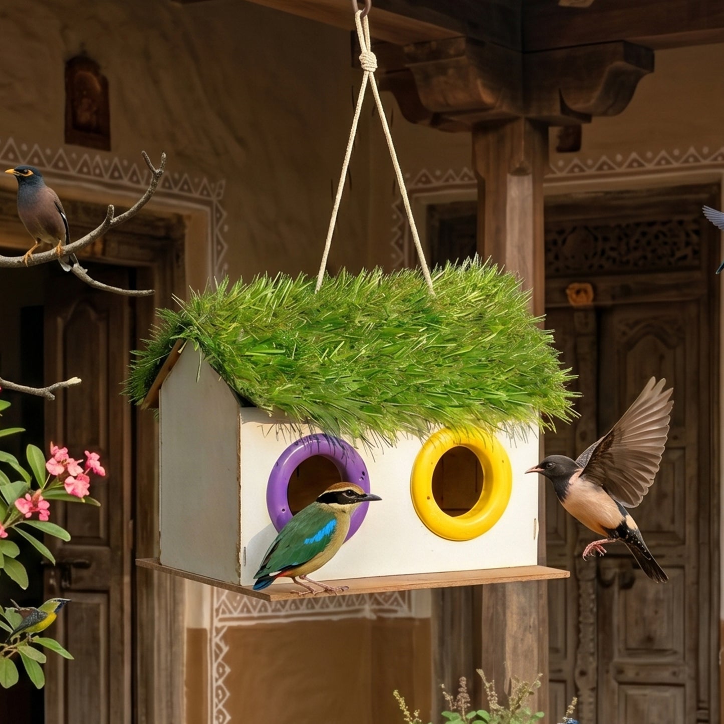 Double-compartment wooden bird house hanging outdoors