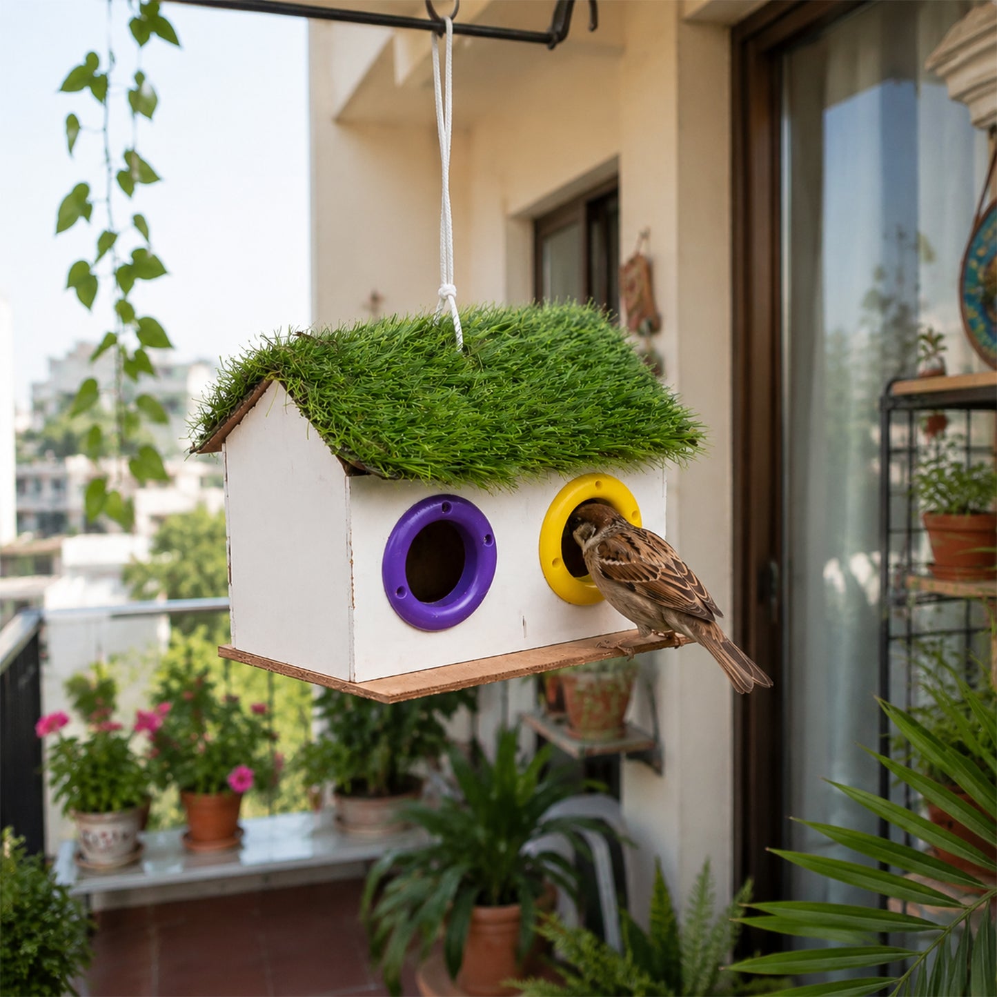 Wooden bird house hanging on tree branch with rope loop