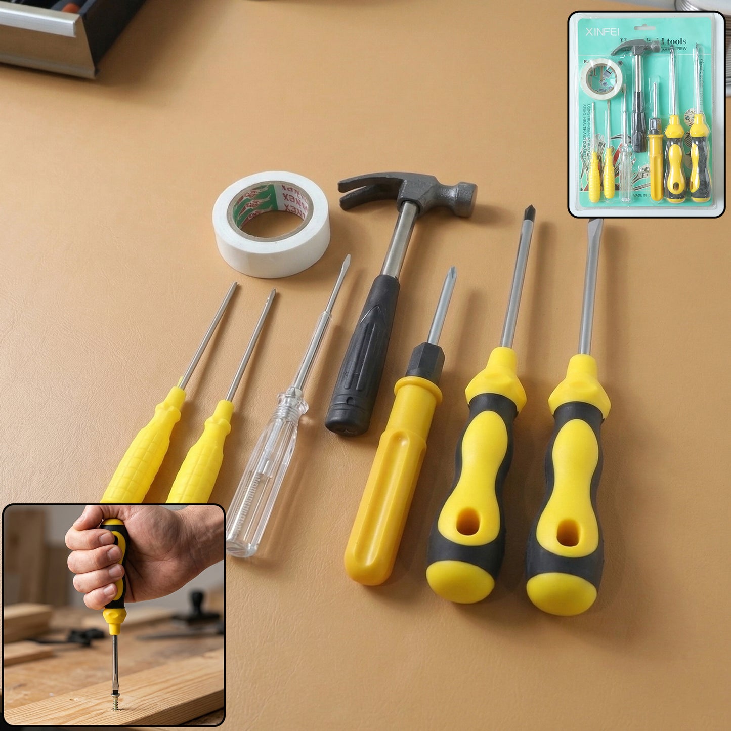 8 In 1 Hand Tool Kit Set, Screwdriver Hammer Repair Tool Kit (1 Set, Mix Color Tap)