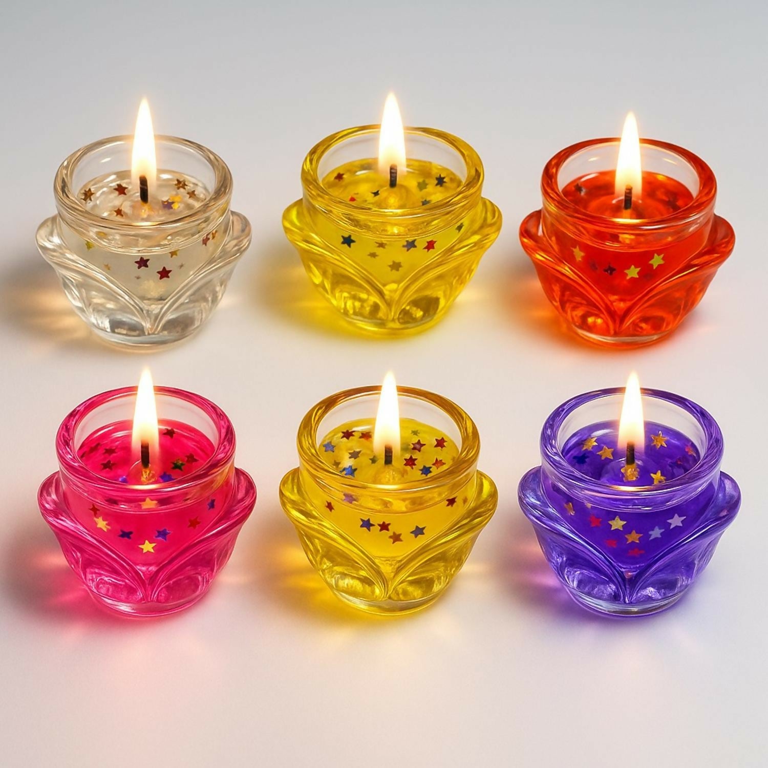 Set of 6 Decorative Glass Jar Candles with Multicolor Wax and Star Glitter – Tealight Style Scented Candles for Home Décor, Festivals, Diwali, Pooja, Parties, Weddings & Gifting