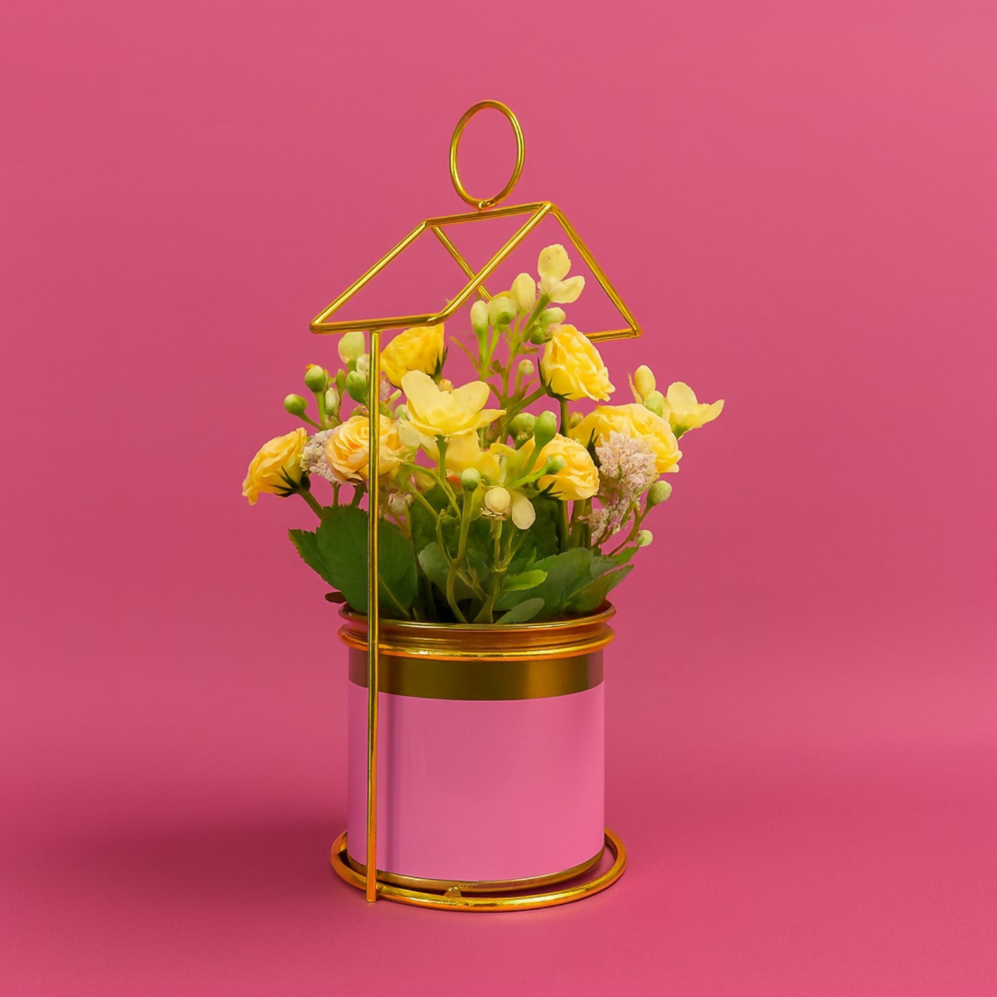 Elegant Yellow Artificial Flower Pot with Golden Metal Stand and Pink Pot | Decorative Faux Plant for Living Room, Bedroom, Office & Tabletop Home Decor | Premium Gift for Housewarming & Festive Decor