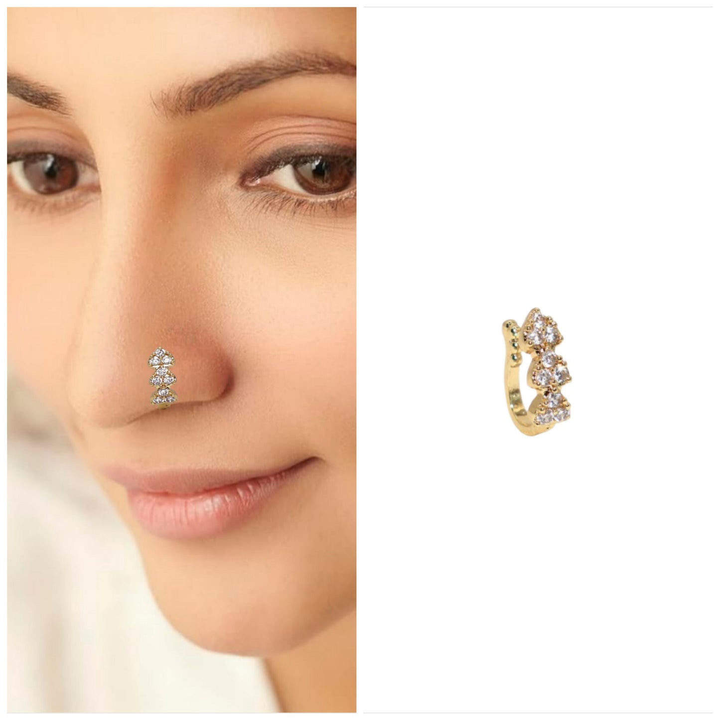 Gold plated heart cluster clip-on nose ring featuring three vertical cubic zirconia stones