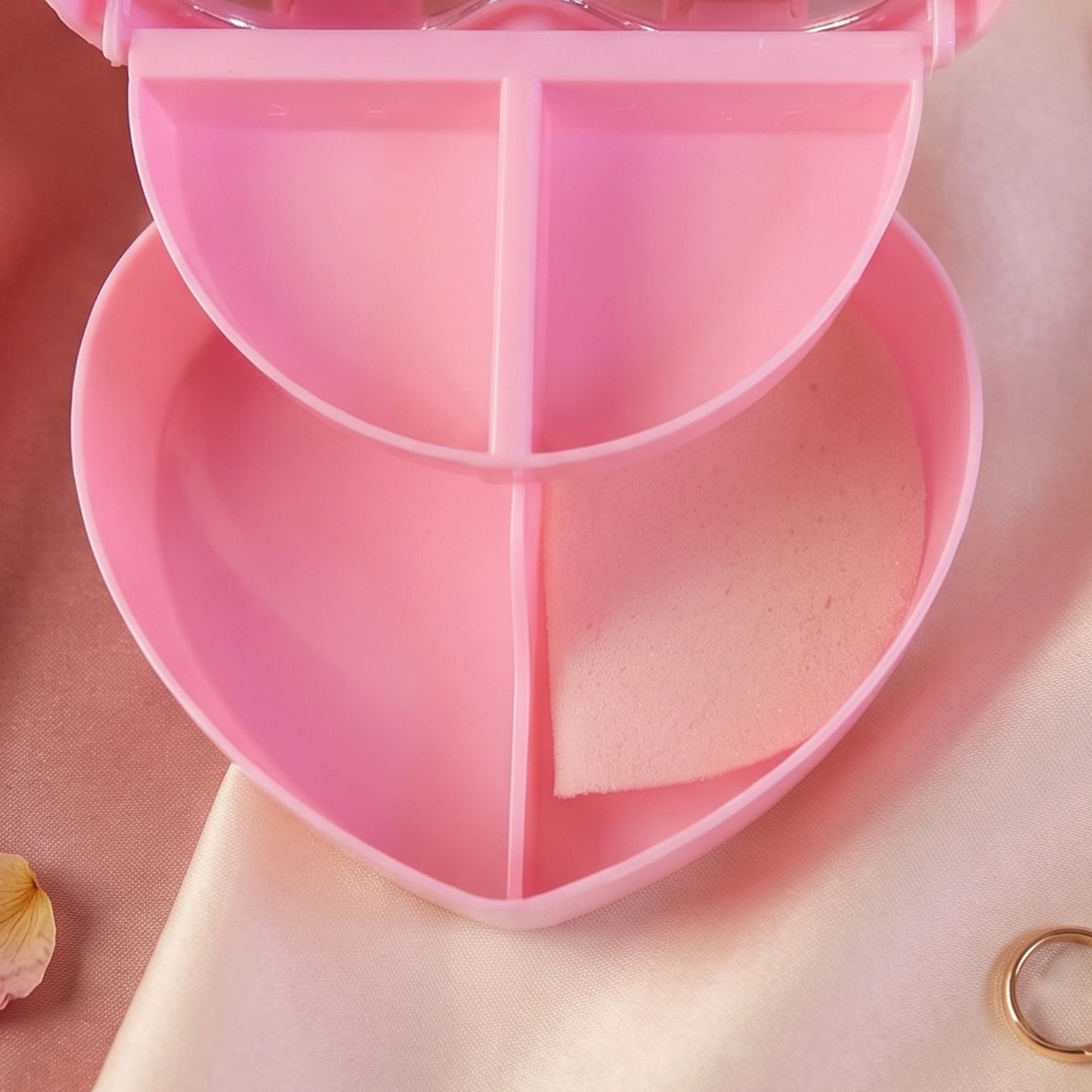 Side view of the heart-shaped makeup storage box