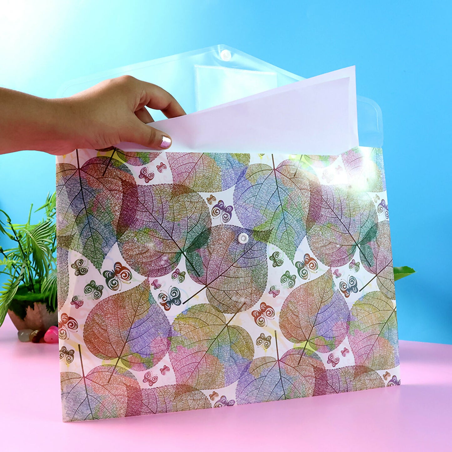 Mix Design Printed A4 Document Folder – Leaf Design Button Closure File with Label Slot (1 Pc)
