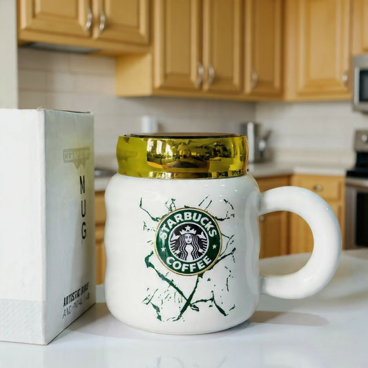 Ceramic Coffee Mug with Lid & Marble Design, Stylish Tea Cup (Color may vary)