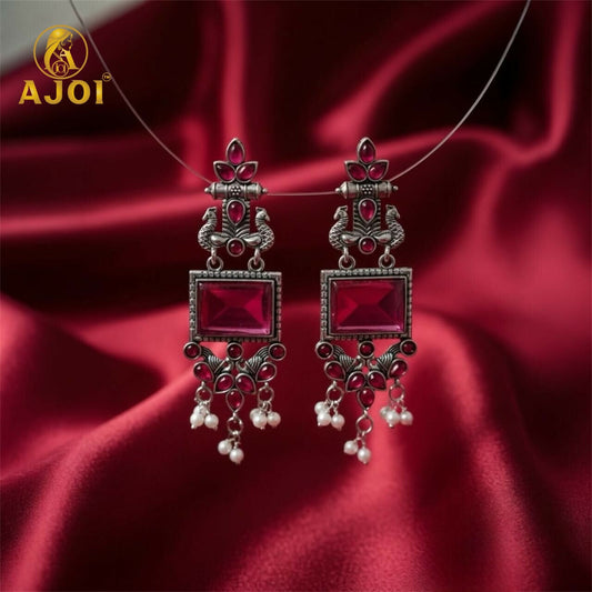 Antique silver earrings with pink square beads and pearl drops