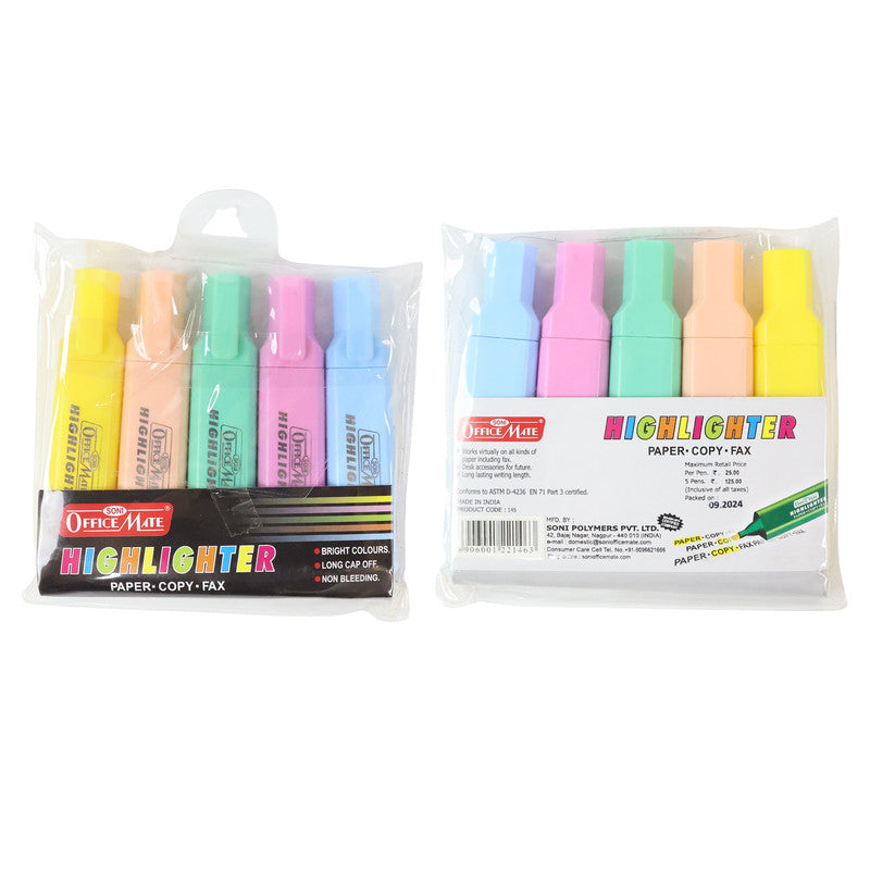 OfficeMate Highlighter Pen Set – Pack of 5 Bright & Smooth Colours for Study, Office & Creative Work