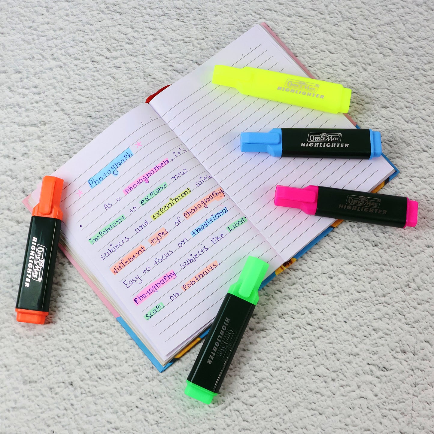 OfficeMate Fluorescent Highlighter Set of 5 – Vibrant Colors for Smooth Highlighting & Long-Lasting Ink