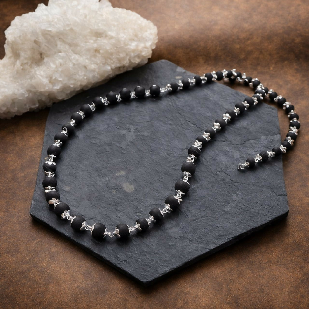 Karungali mala Black Matte Beaded Necklace with Silver plated (Original)