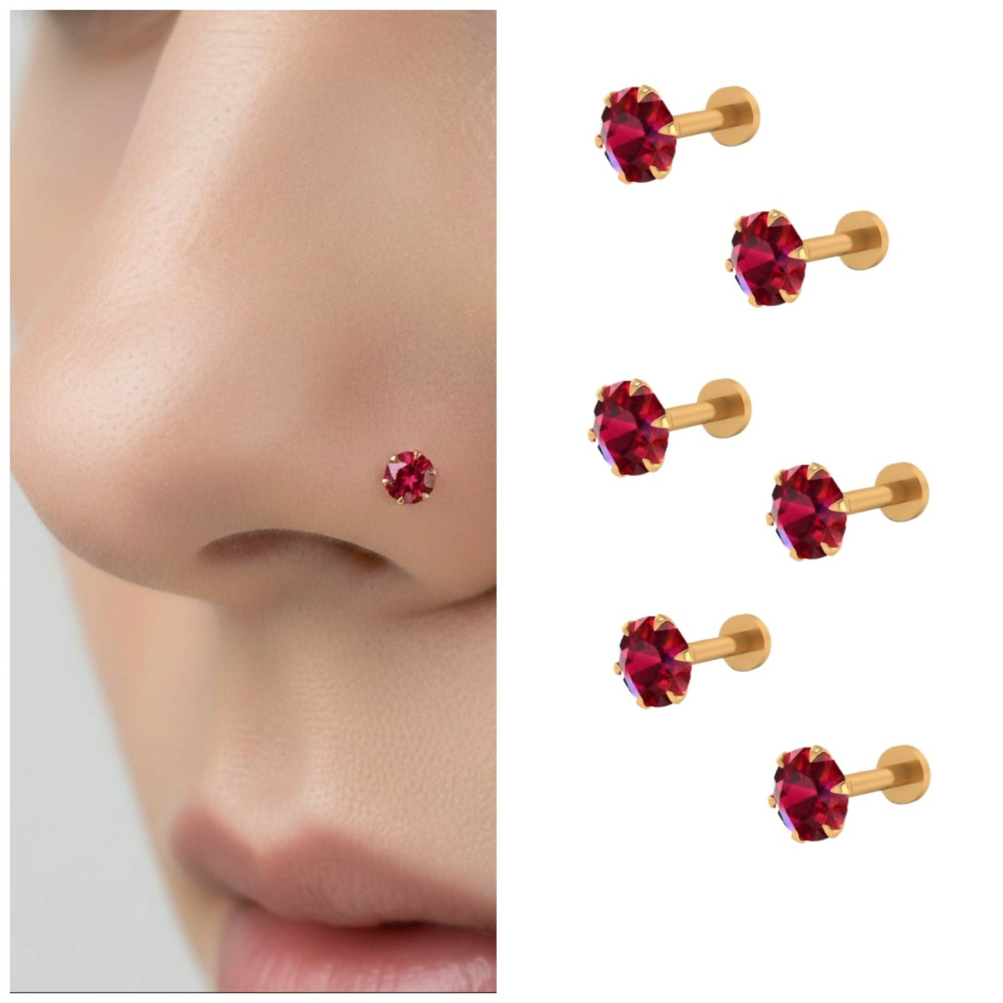 Gold-plated red ruby flat back nosepin stud showcasing vibrant red gemstone