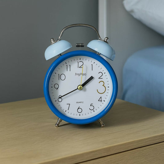 Classic Retro Blue Twin Bell Analog Alarm Clock with Loud Ringer, White Dial & Metal Frame | Non-Ticking Silent Quartz Movement | Battery Operated Bedside Table Clock for Home, Bedroom, Office & Kids