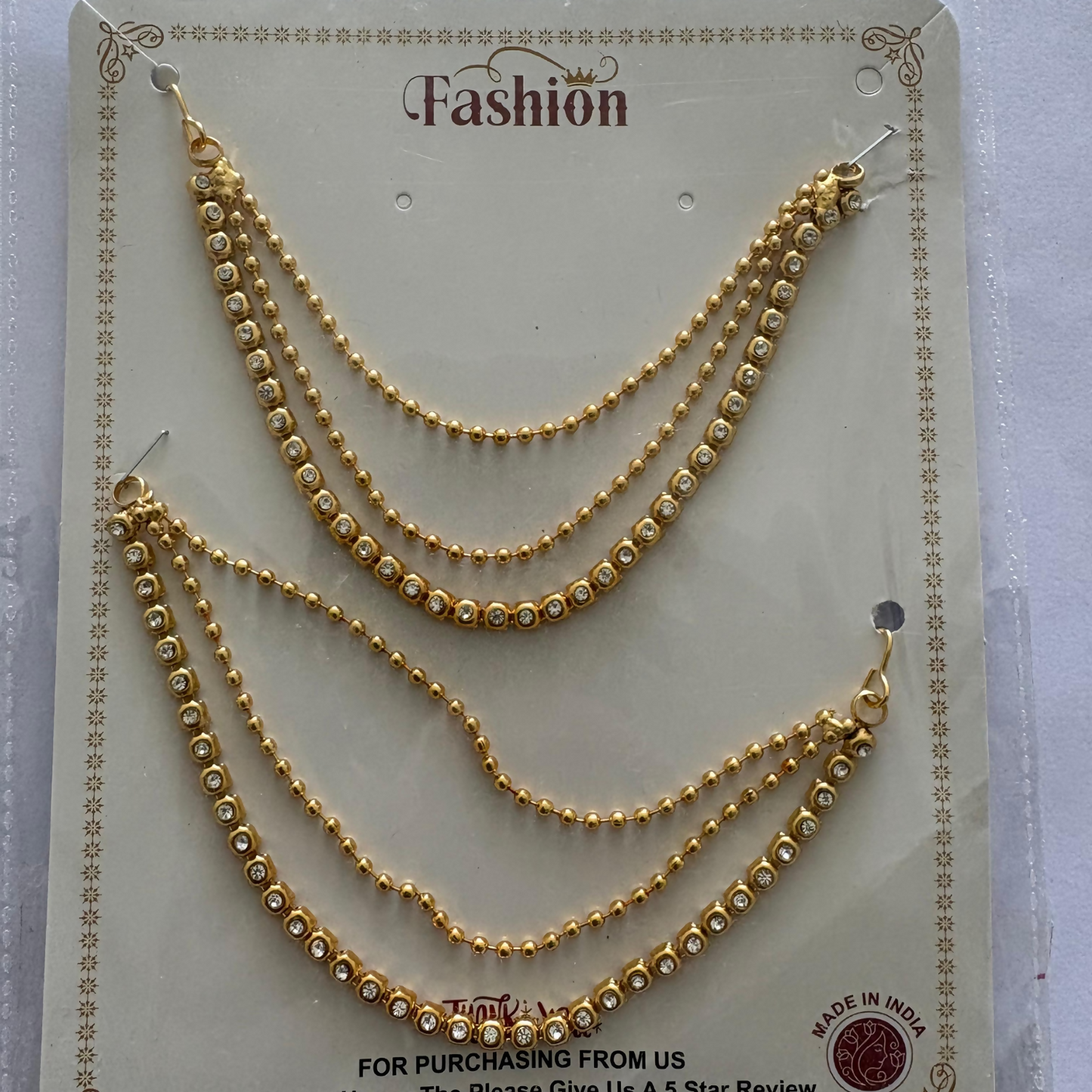 High Quality Gold Plated Triple Strand Ear Chains for Weddings (White)