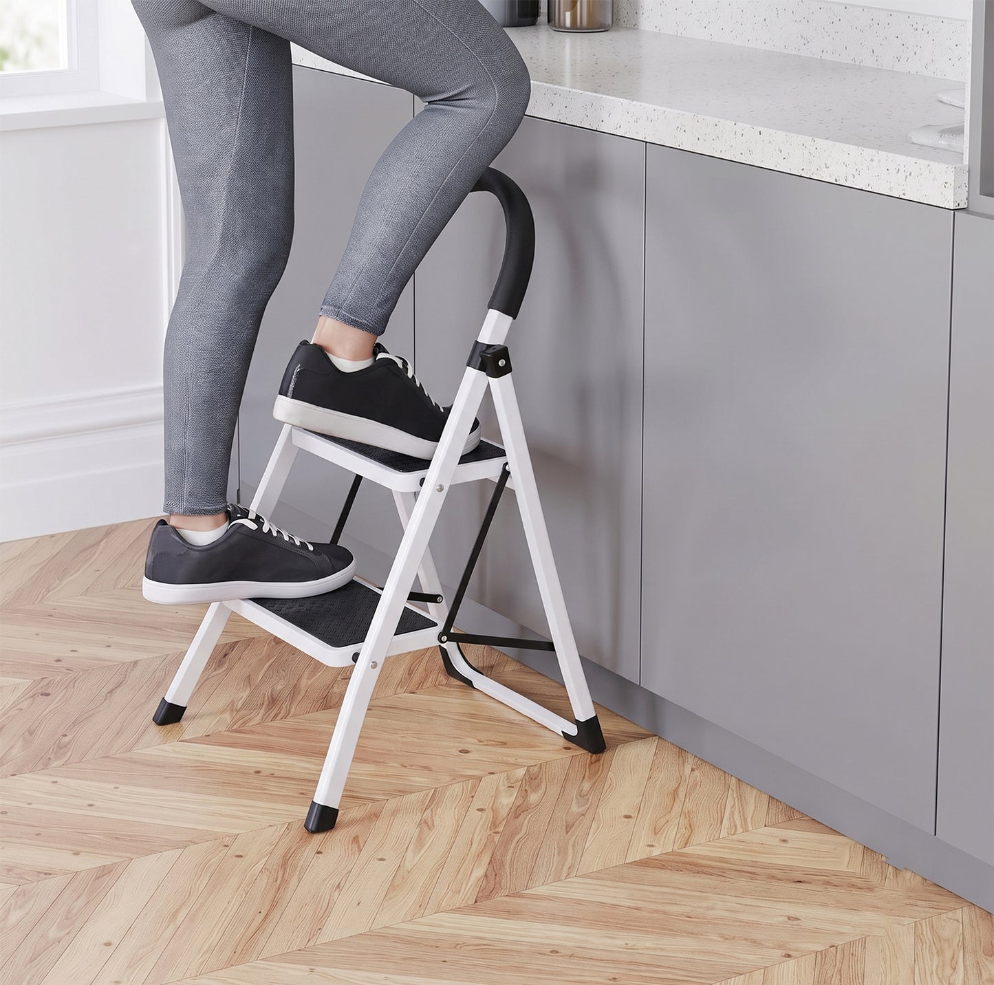 2 Step Folding Ladder with Padded Handrail Anti Slip Steel Step Stool (1 Pc)