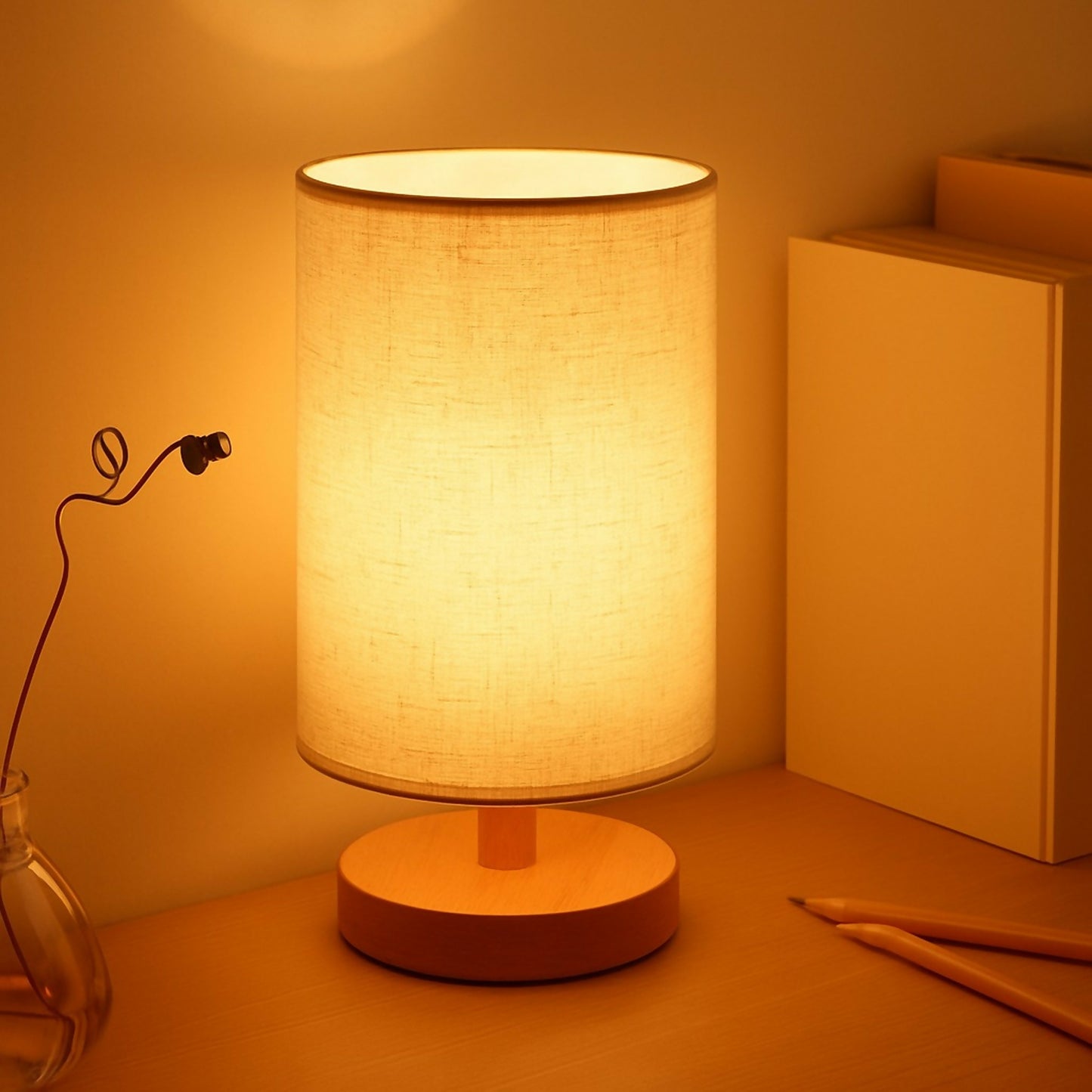 Modern Fabric Shade Table Lamp with Wooden Base for Bedroom & Living Room