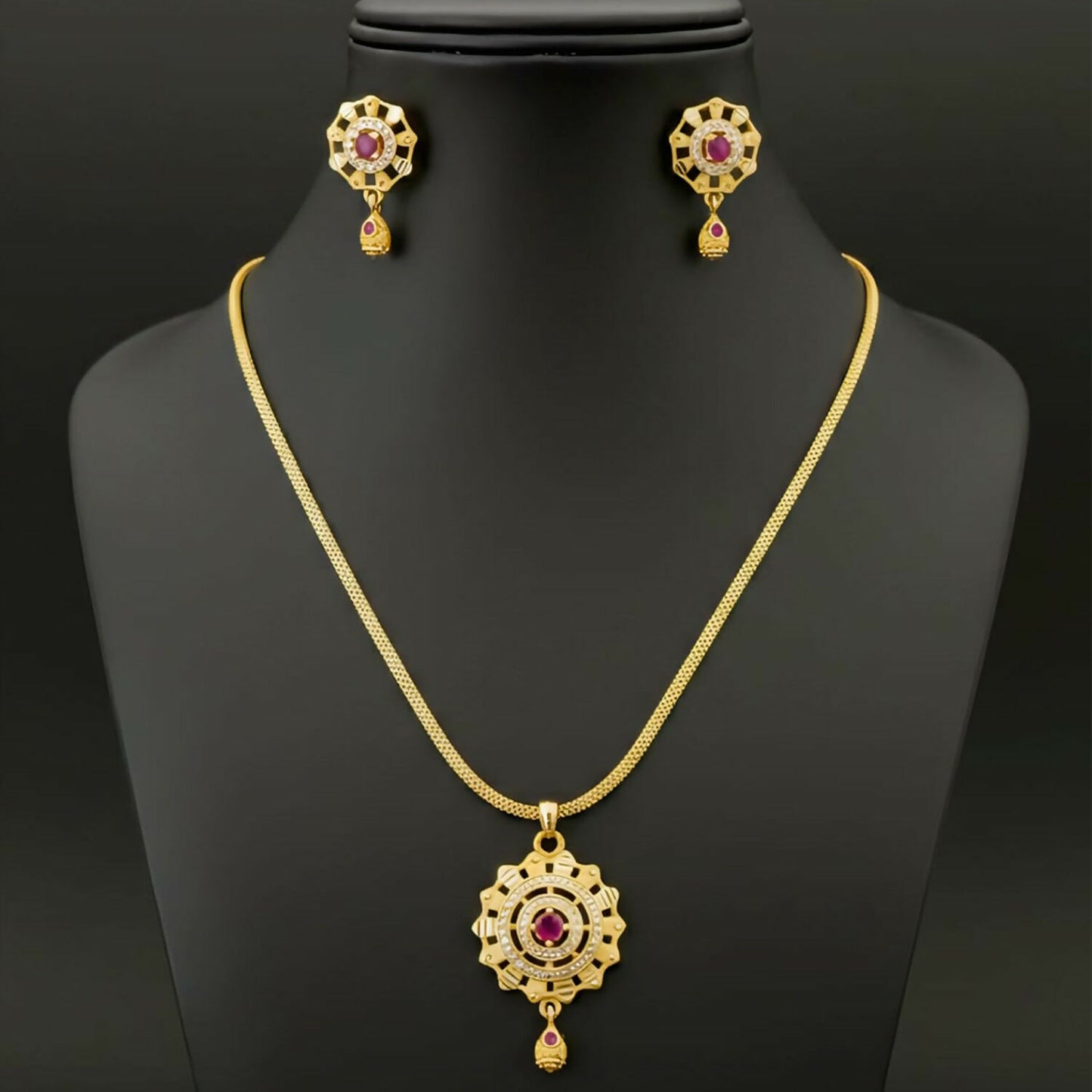 Micro Gold-Plated Ruby and White Stone Pendant Set With Matching Earrings