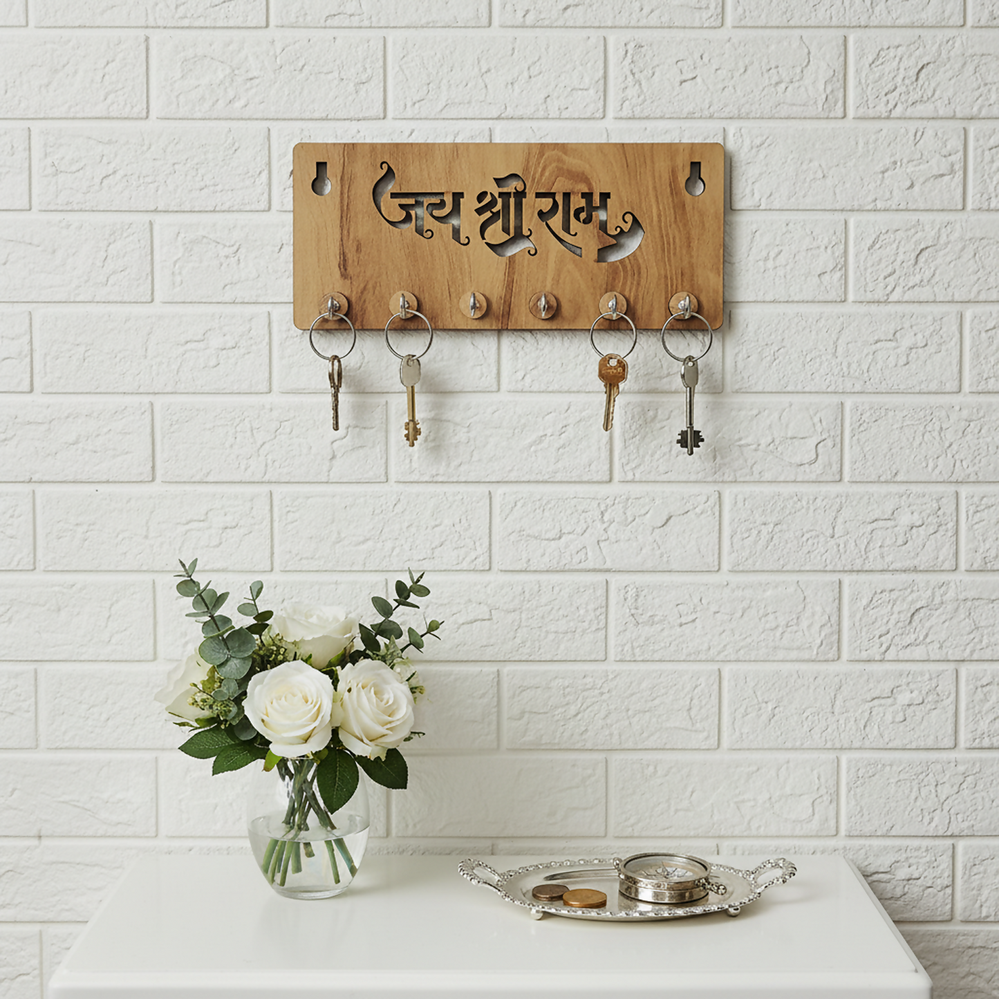 Jay Shree Ram Wooden Key Holder for Wall – Handcrafted MDF Wall Key Organizer | Spiritual Home Décor