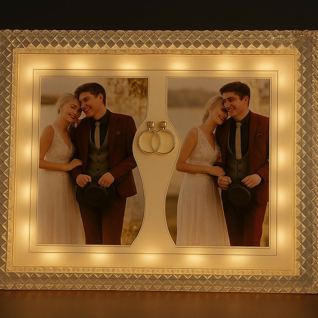 Close-up of golden ring centerpiece on LED wedding photo frame