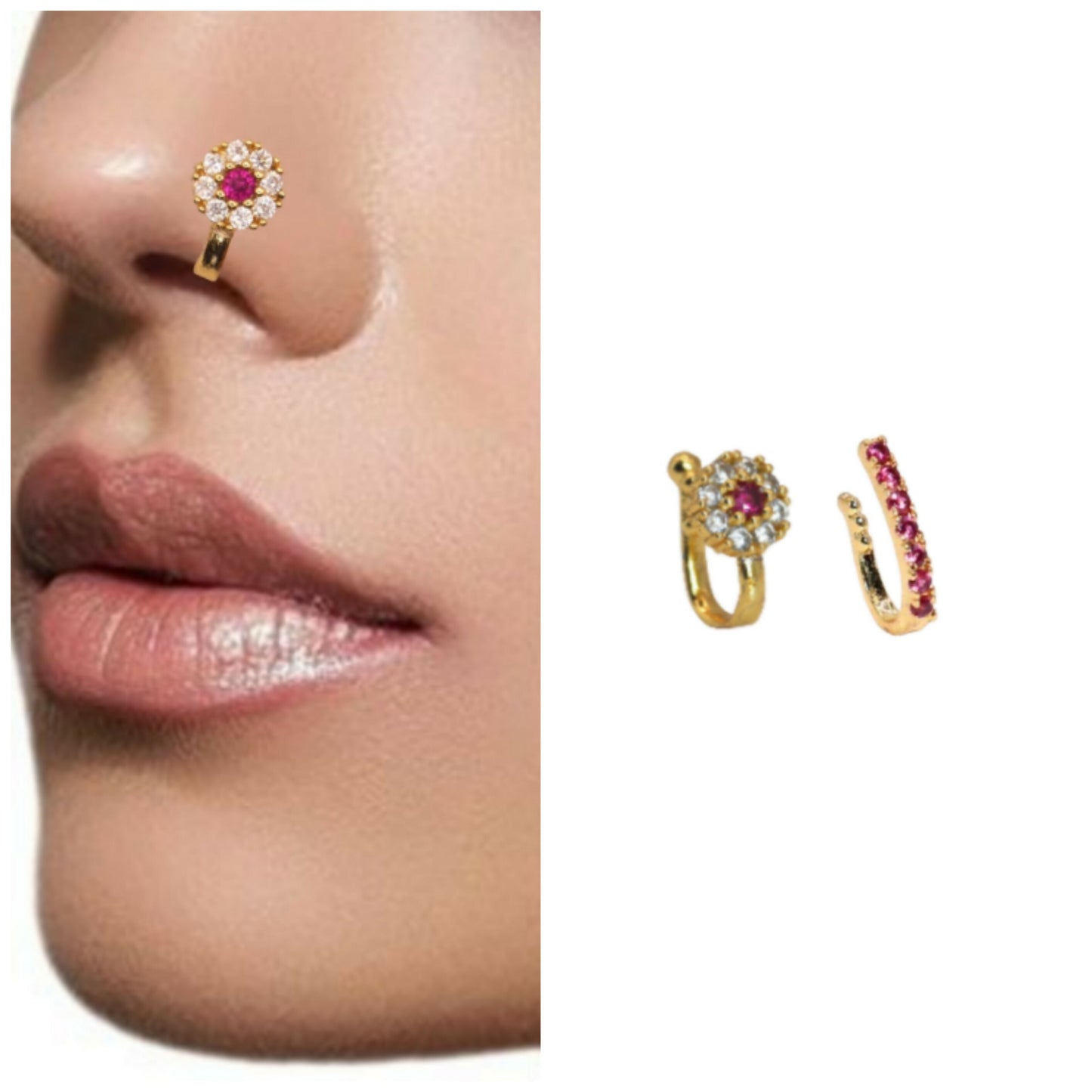 Gold Plated Clip-On Nose Pin Set AD & Pink Stone Combo Pack of 2
