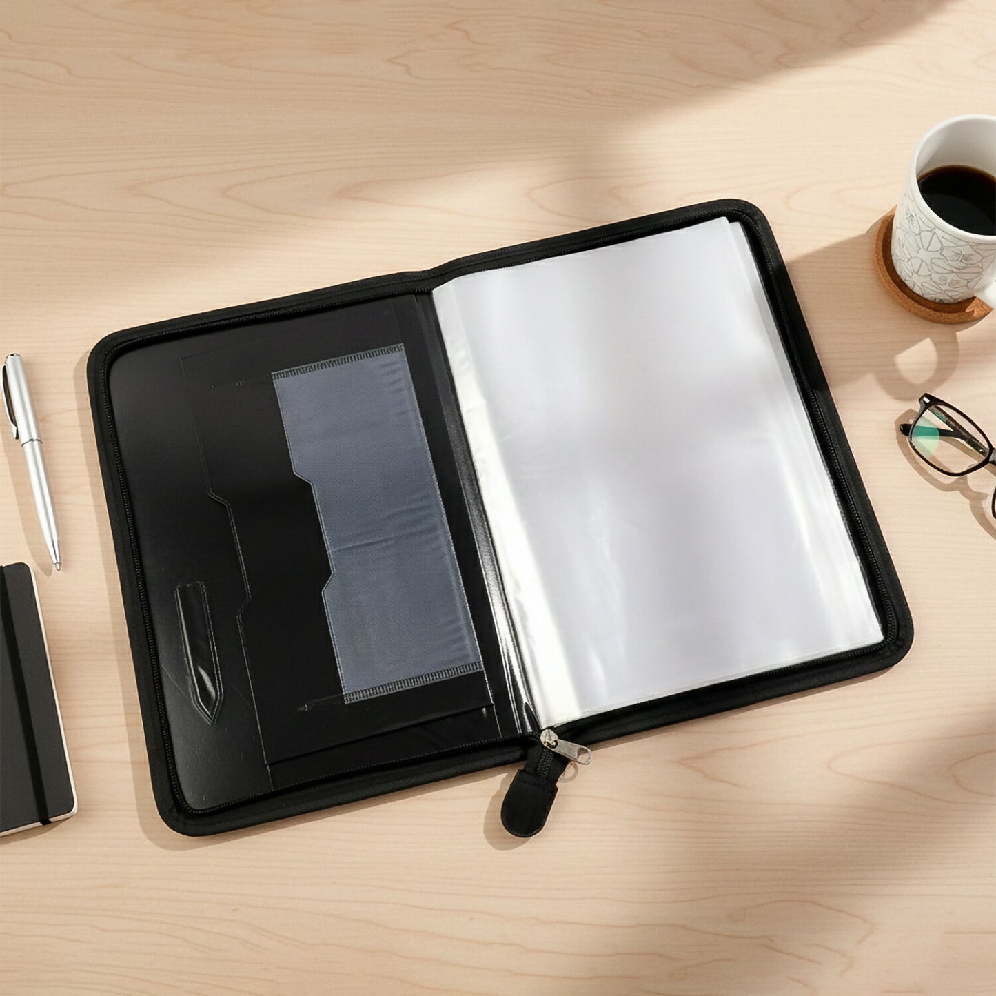 Executive Zipper Document File Folder with 20 Clear Sleeves for Office & Conference