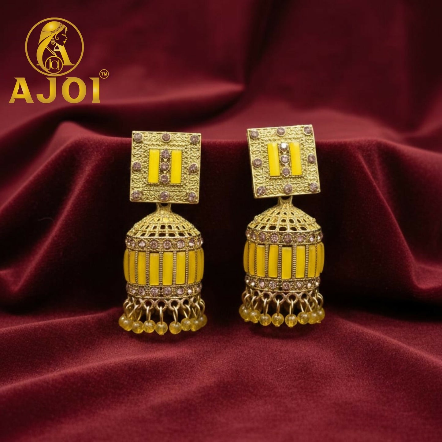 Royal Mustard Yellow Designer Earrings with Elegant Drop and Stone Detailing