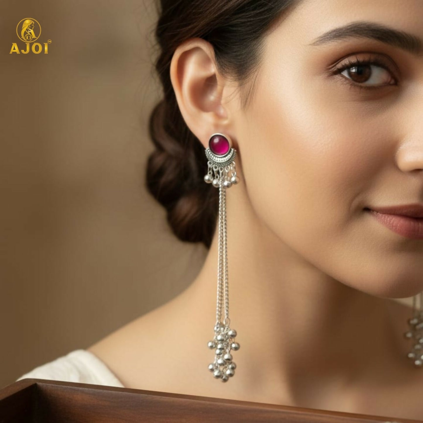Ethnic Round Design Silver Plated Long Earrings with Ghungroo Drops