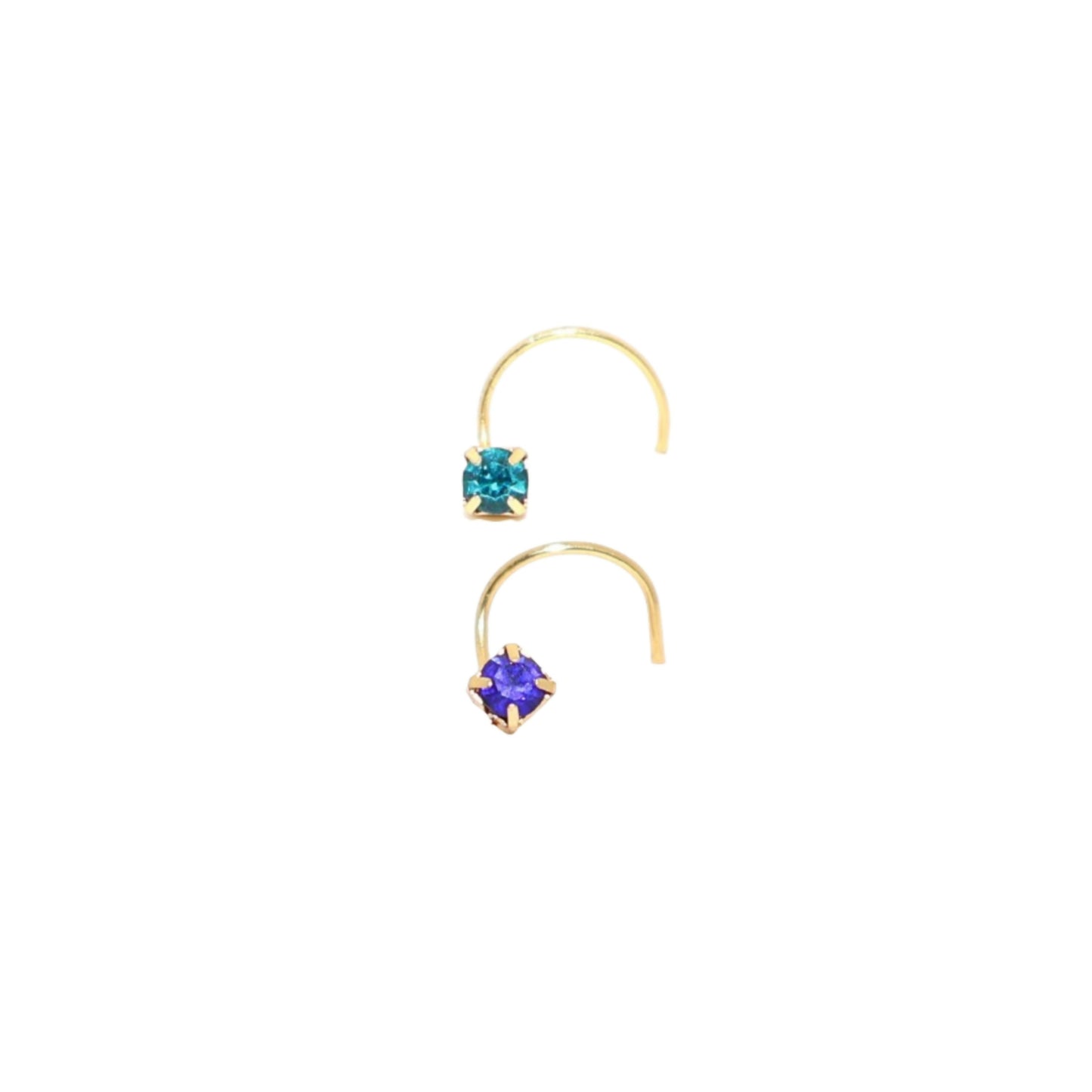 Pair of vibrant red and teal square crystal gold plated nosepins