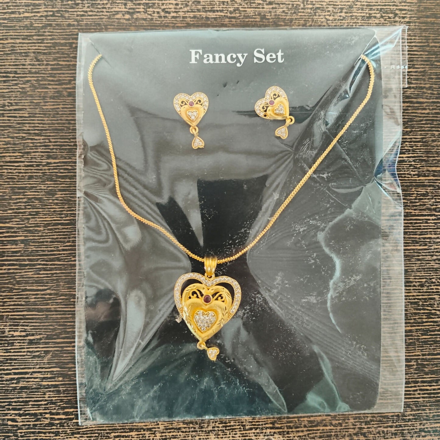 Gold-plated Heart Pendant and Earrings Set with Ruby and Cubic Zirconia